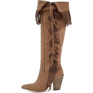 Women's Brown Suede Pull On Classic Fringe Boots Knee High Boho Western Boots
